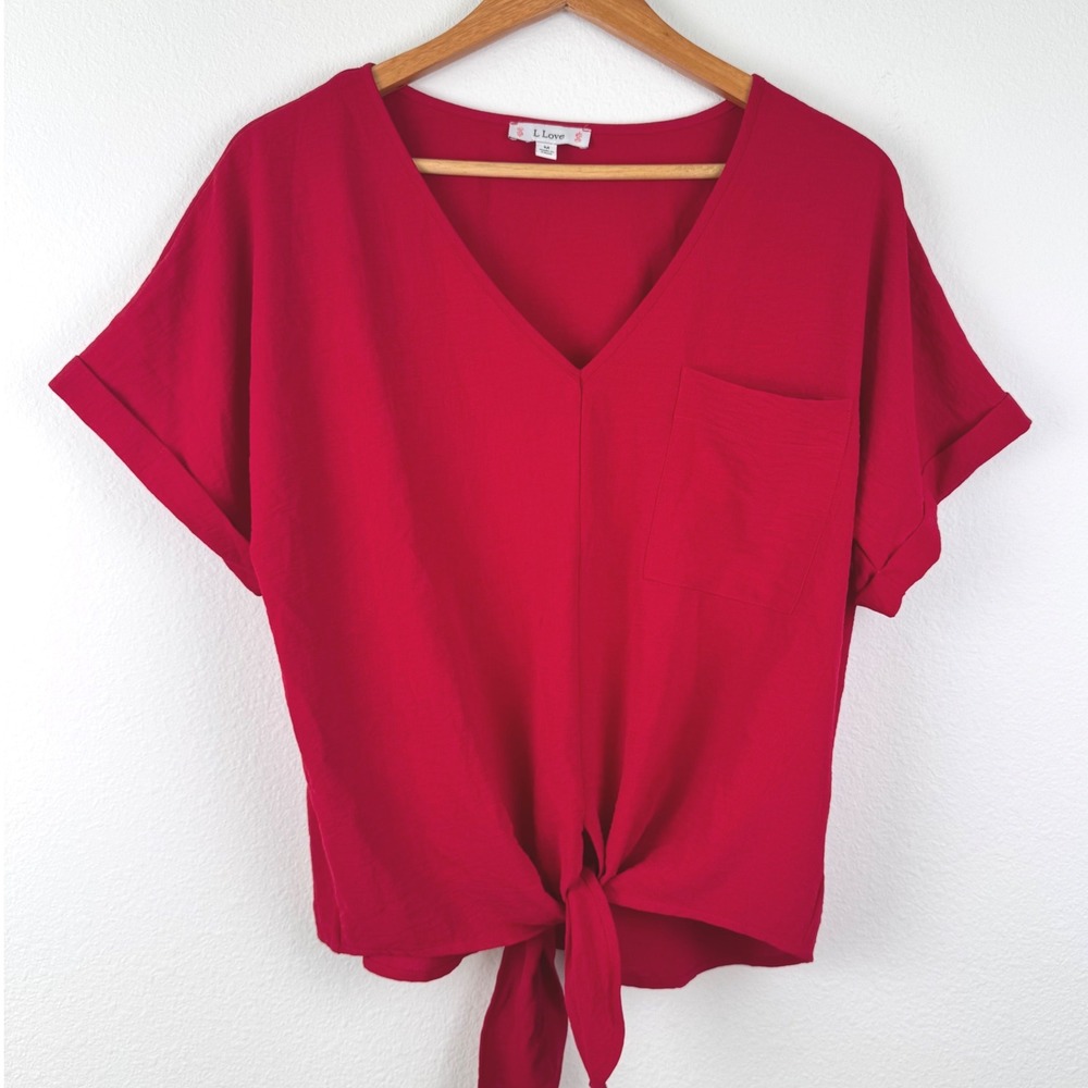 L Love Tie Front Blouse Women Medium Red Excellent Casual Chic V-Neck Pocket Top